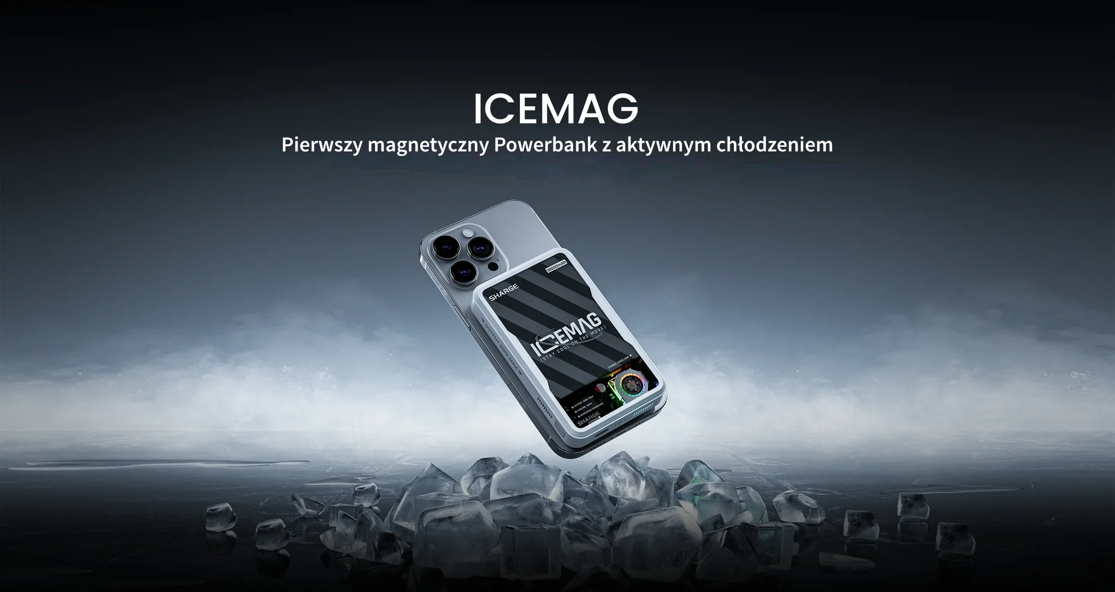 Sharge ICEMAG - pierwszy powerbank z aktywnym chłodzeniem - Powerbank z telefonem apple iPhone'em MAX nad kostkamil odu