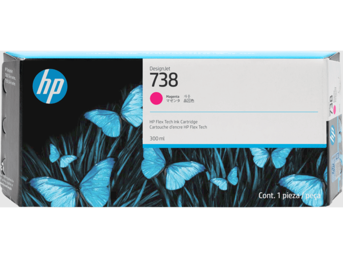 Wkład atramentowy HP 738 Magenta 300 ml (676M7A) – purpurowy – oryginalne opakowanie tuszu do plotera HP DesignJet T850, T870, T950