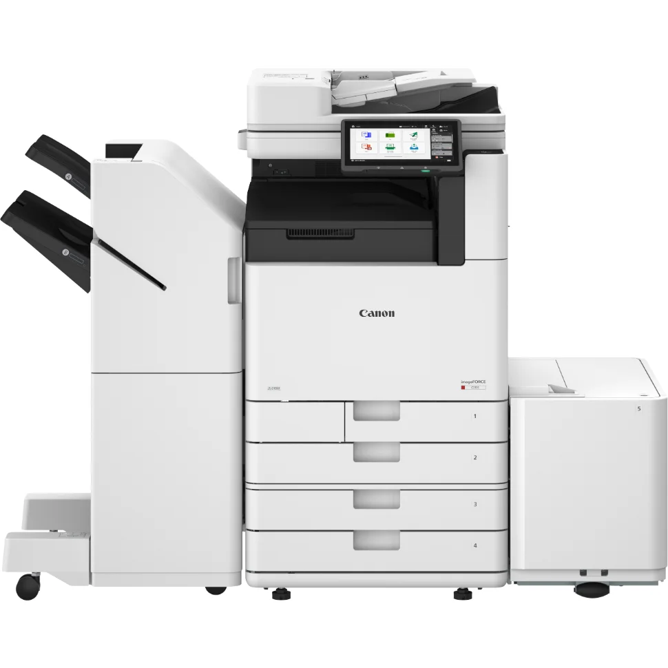 Canon imageFORCE C3100 w pełnej konfiguracji – dodatkowe kasety, podajnik dużej pojemności i finiszer zewnętrzny