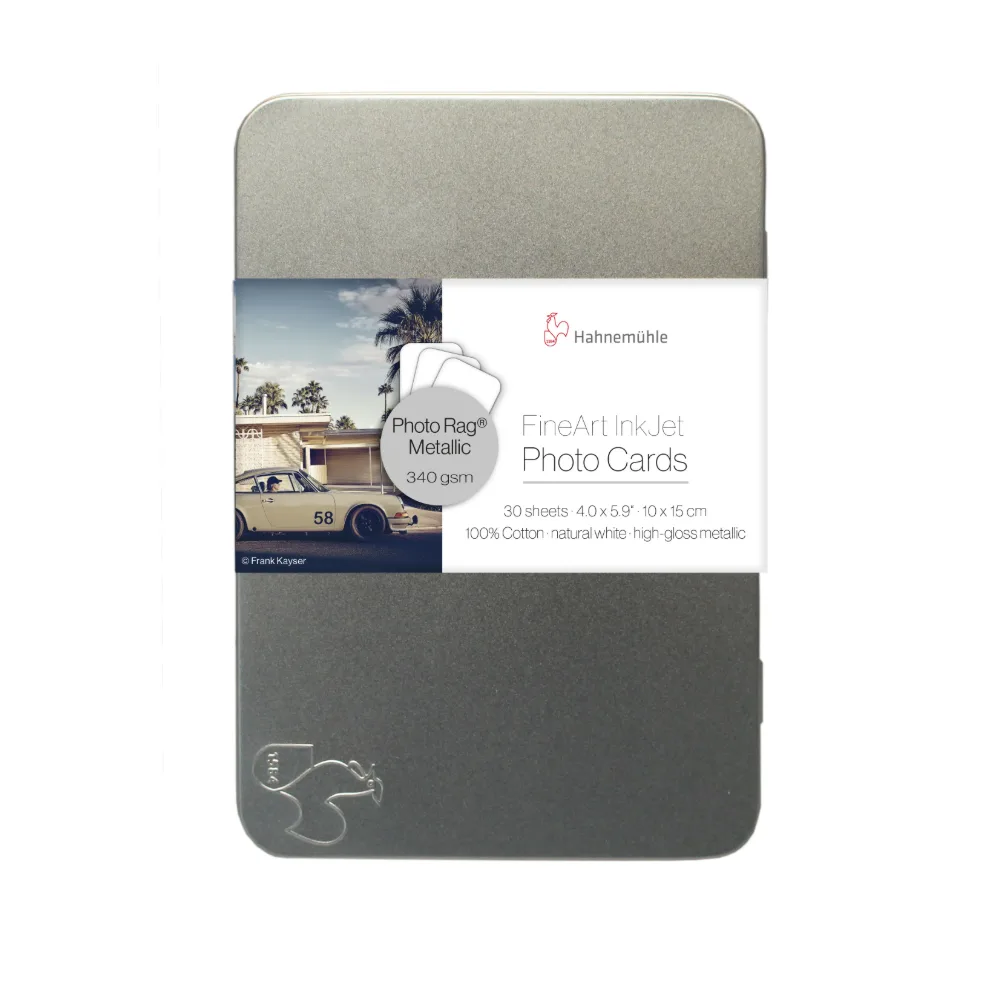 Hahnemühle FineArt Photo Cards Photo Rag Metallic 340 10 × 15 cm – 30 kart w metalowej puszce