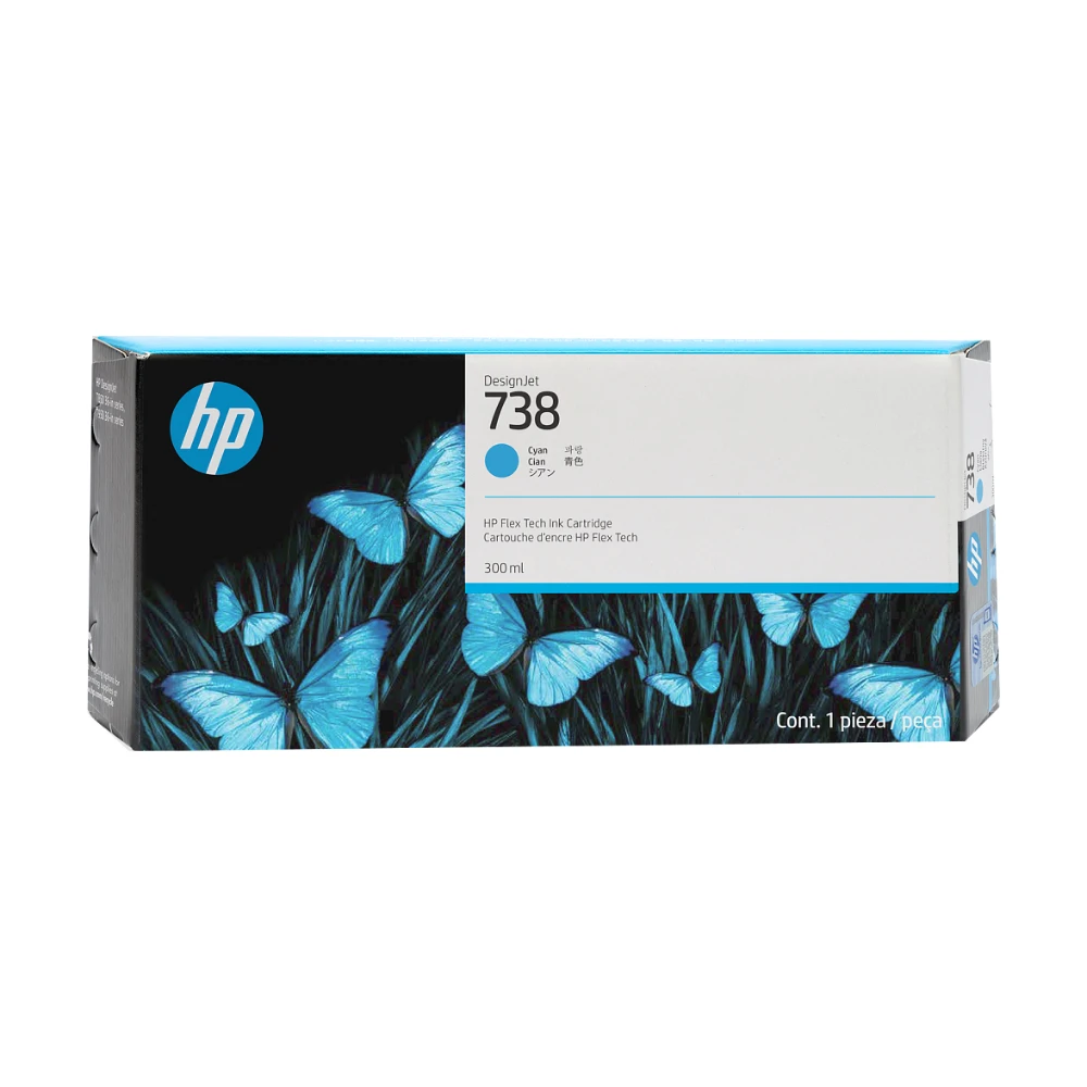 Wkład atramentowy HP 738 Cyan 300 ml (676M6A) – błękitny – oryginalne opakowanie tuszu do plotera HP DesignJet T850, T870, T950